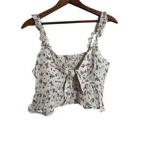 American Eagle Floral Tie Front Sleeveless Cropped Blouse White Blue Size Large